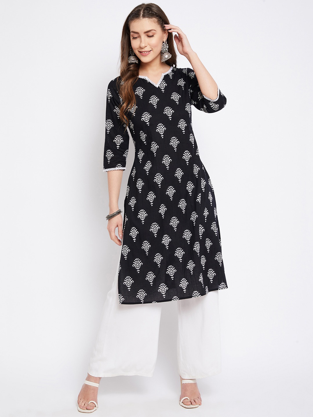 

Imfashini Women Black Ethnic Motifs Printed Thread Work Kurta