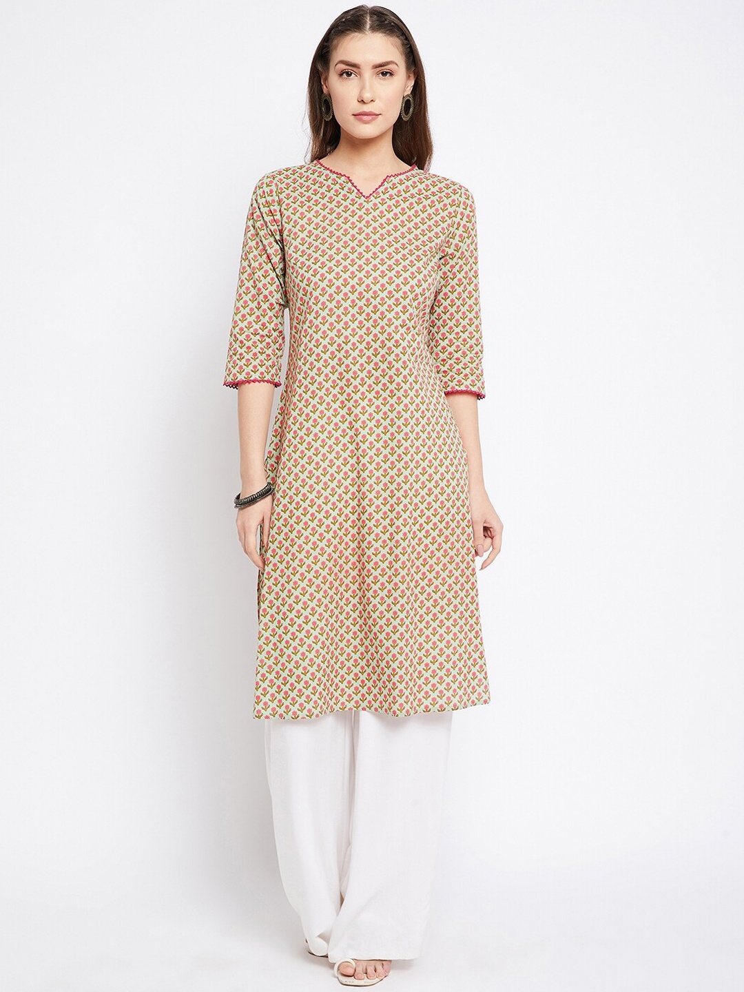 Imfashini Women Green & Red Floral Printed V- Neck Floral Kurta