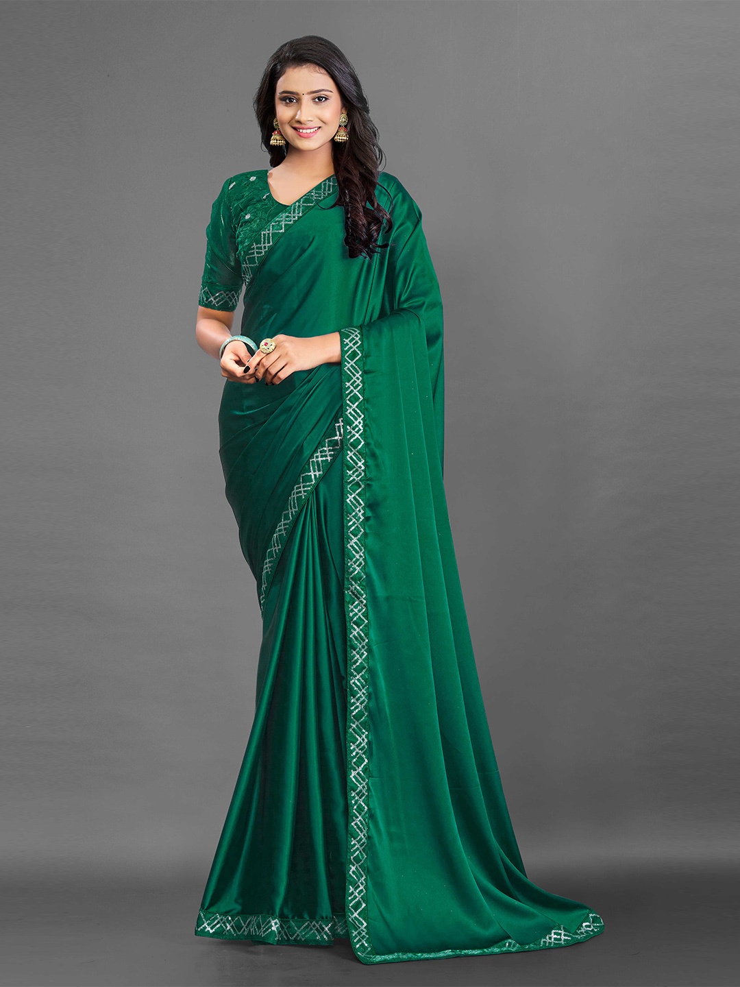 

Zombom Green Sequinned Satin Party Saree