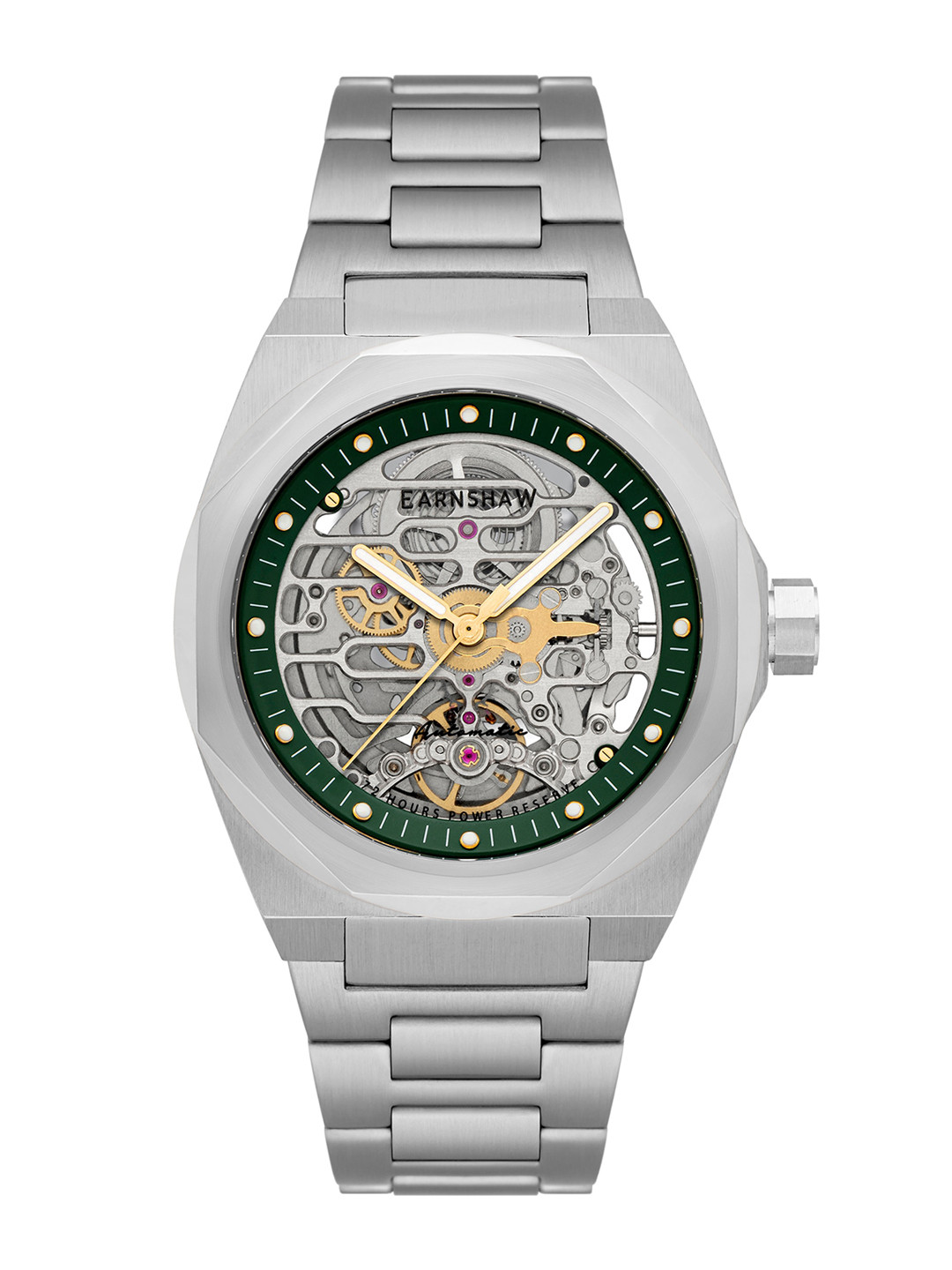 

EARNSHAW Men Green Skeleton Dial & Silver Toned Stainless Steel Bracelet Style Straps Analogue Automatic Watch