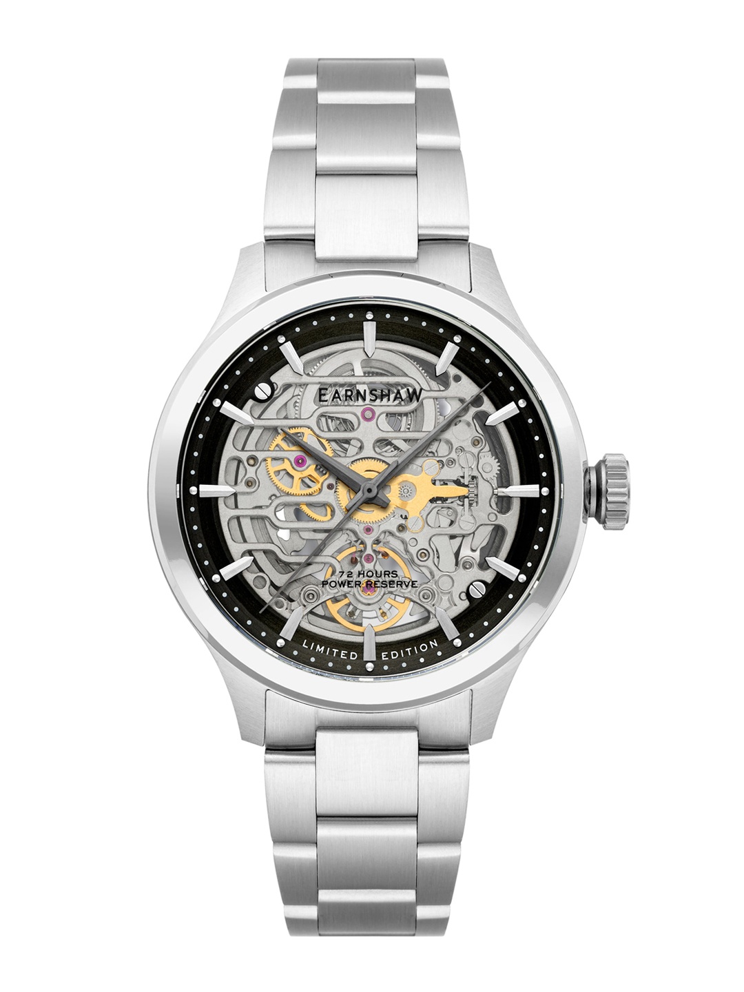 

EARNSHAW Men Black Embellished Dial & Silver Toned Stainless Steel Bracelet Style Straps Analogue Automatic Watch