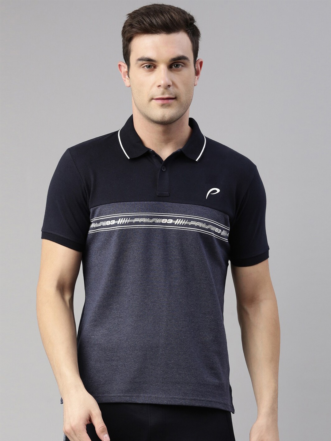 

Proline Active Men Navy Blue Colourblocked Polo Collar Organic Cotton T-shirt