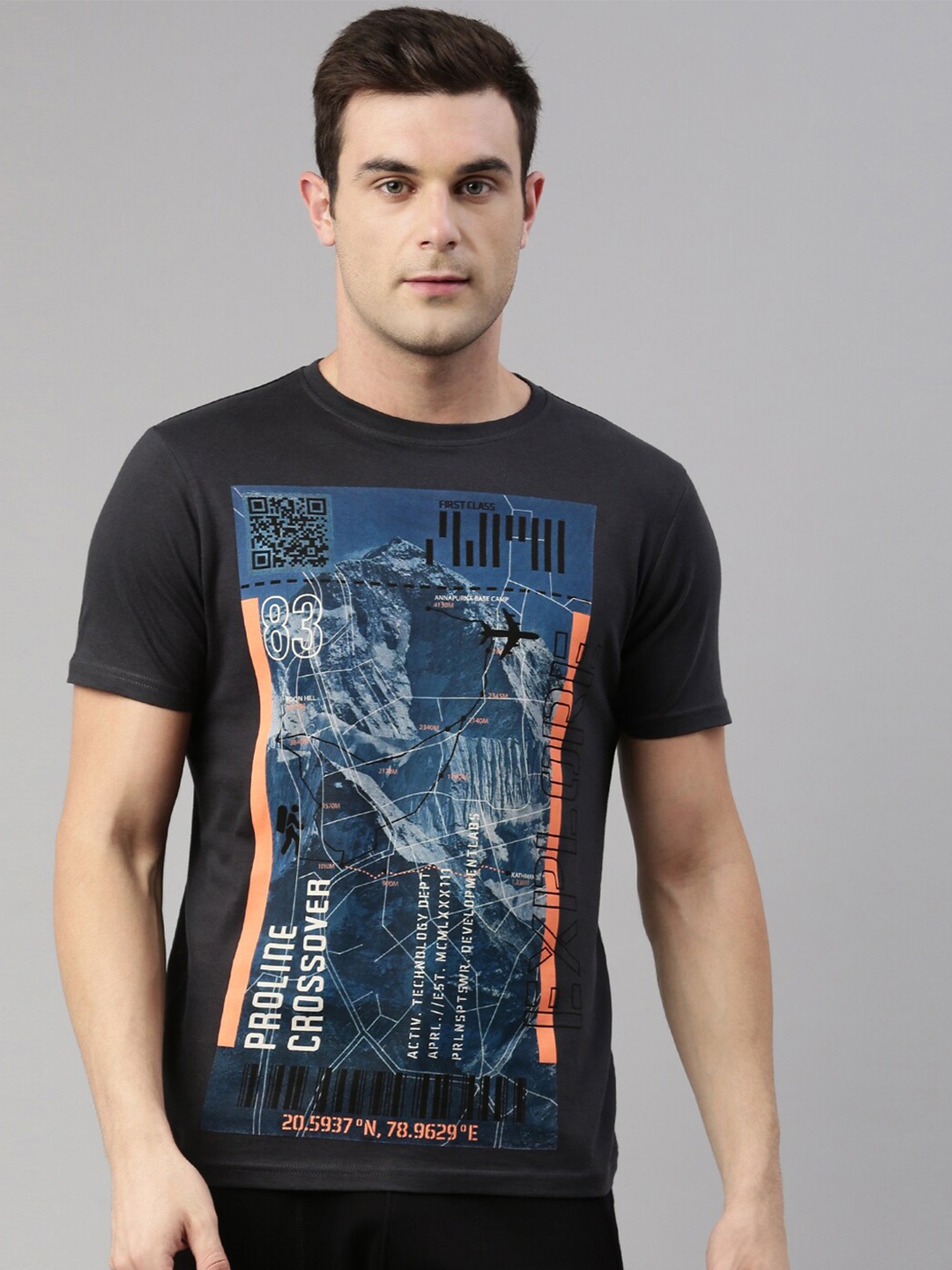 

Proline Active Men Grey & Blue Printed Organic Cotton T-shirt