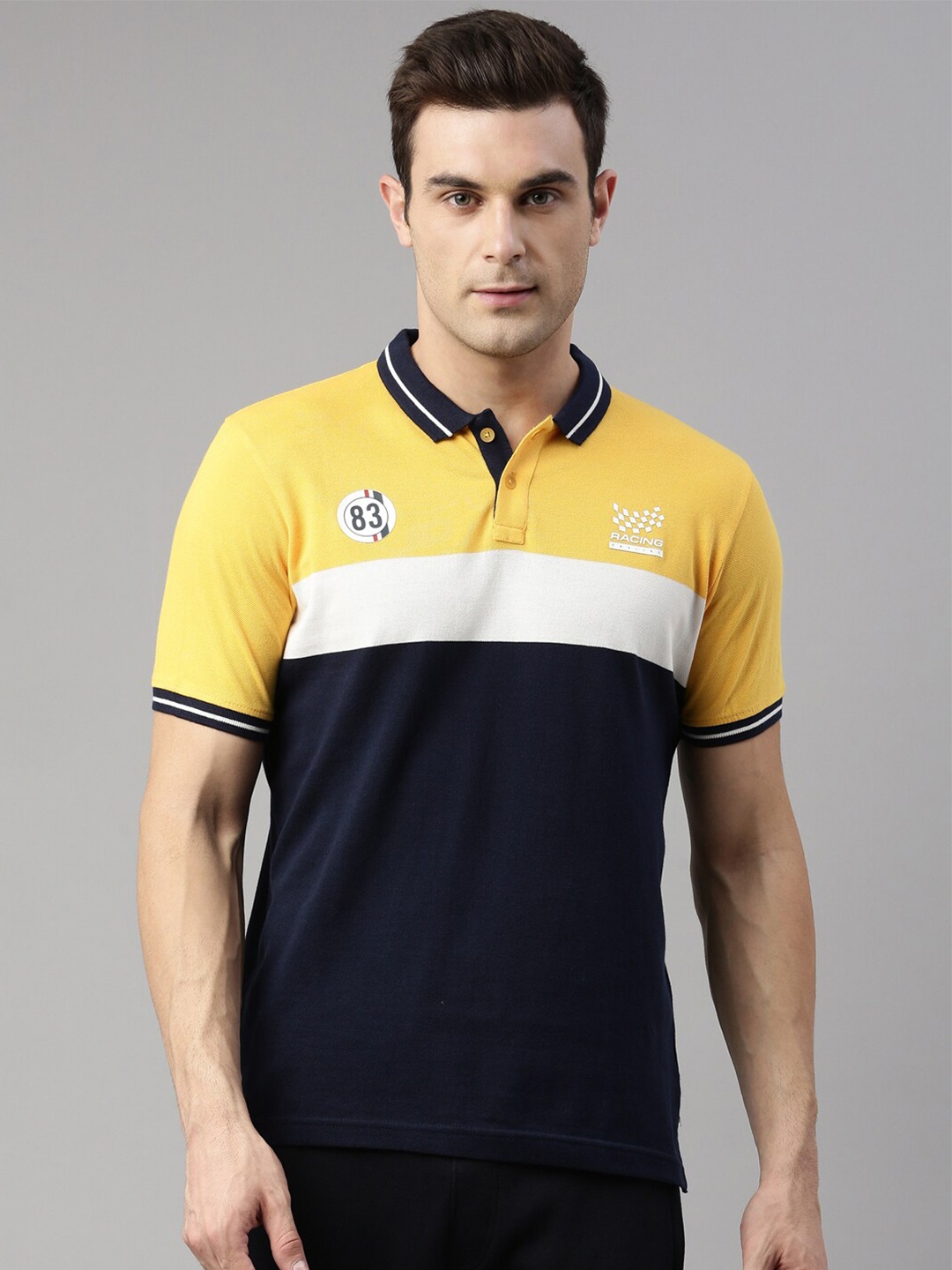 

Proline Active Men Yellow & Navy Blue Colourblocked Polo Cotton T-shirt