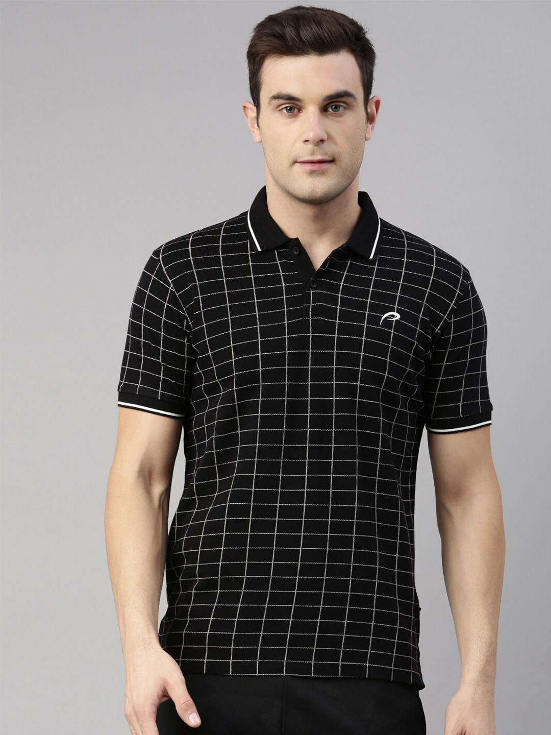 

Proline Active Men Black & White Checked Polo Collar Organic Cotton T-shirt