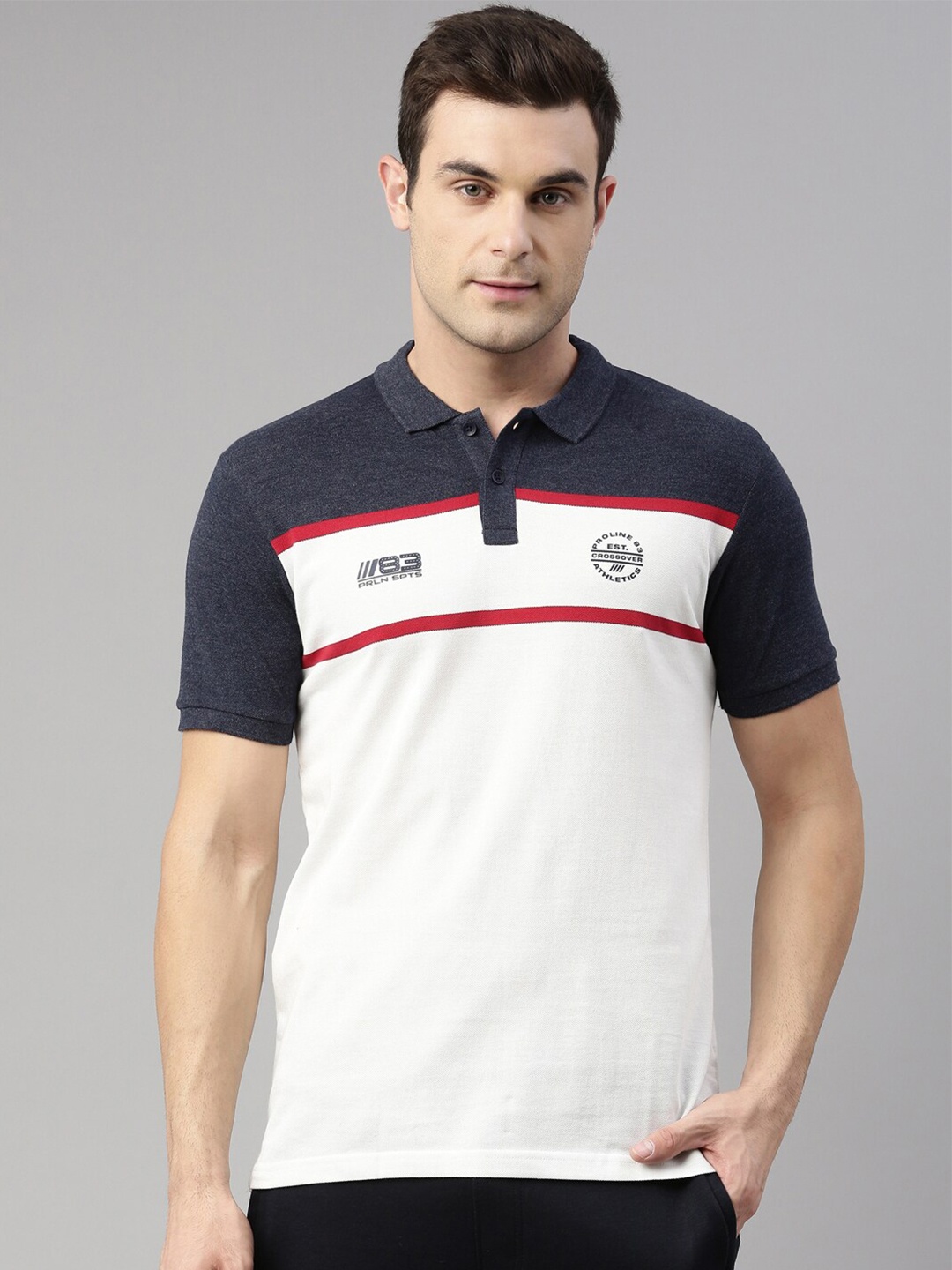 

Proline Active Men Off White & Grey Colourblocked Polo Collar Organic Cotton T-shirt