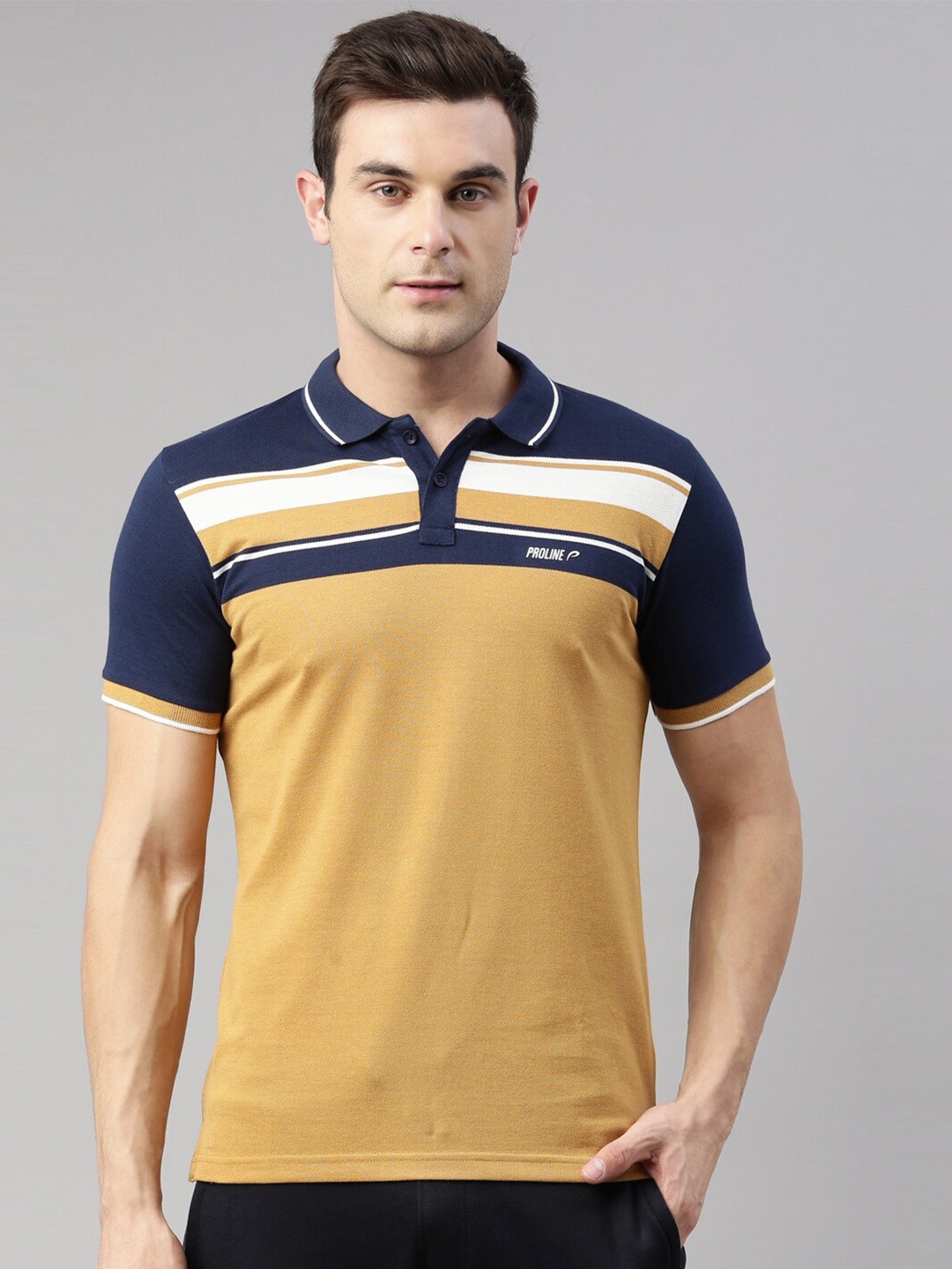 

Proline Active Men Yellow & Navy Blue Striped Polo Collar Organic Cotton T-shirt