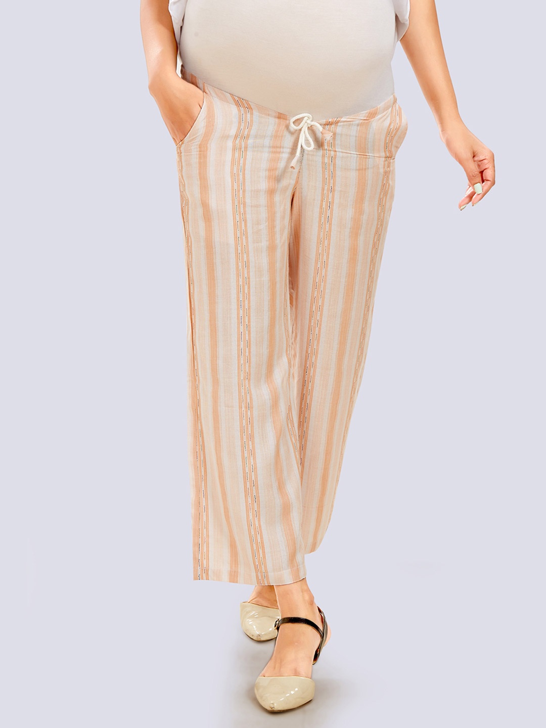 

Mom For Sure by Ketki Dalal Women Peach-Coloured Striped Relaxed Straight Fit High-Rise Easy Wash Maternity Trousers