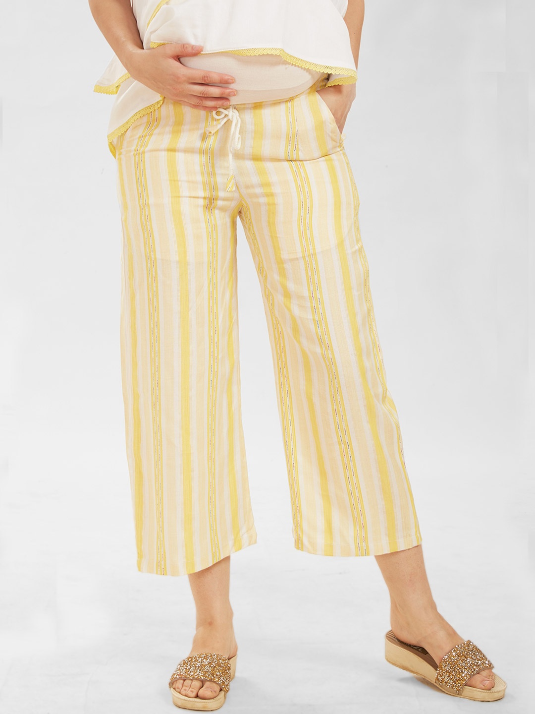 

Mom For Sure by Ketki Dalal Women Yellow Striped Relaxed Straight Fit Maternity Trousers