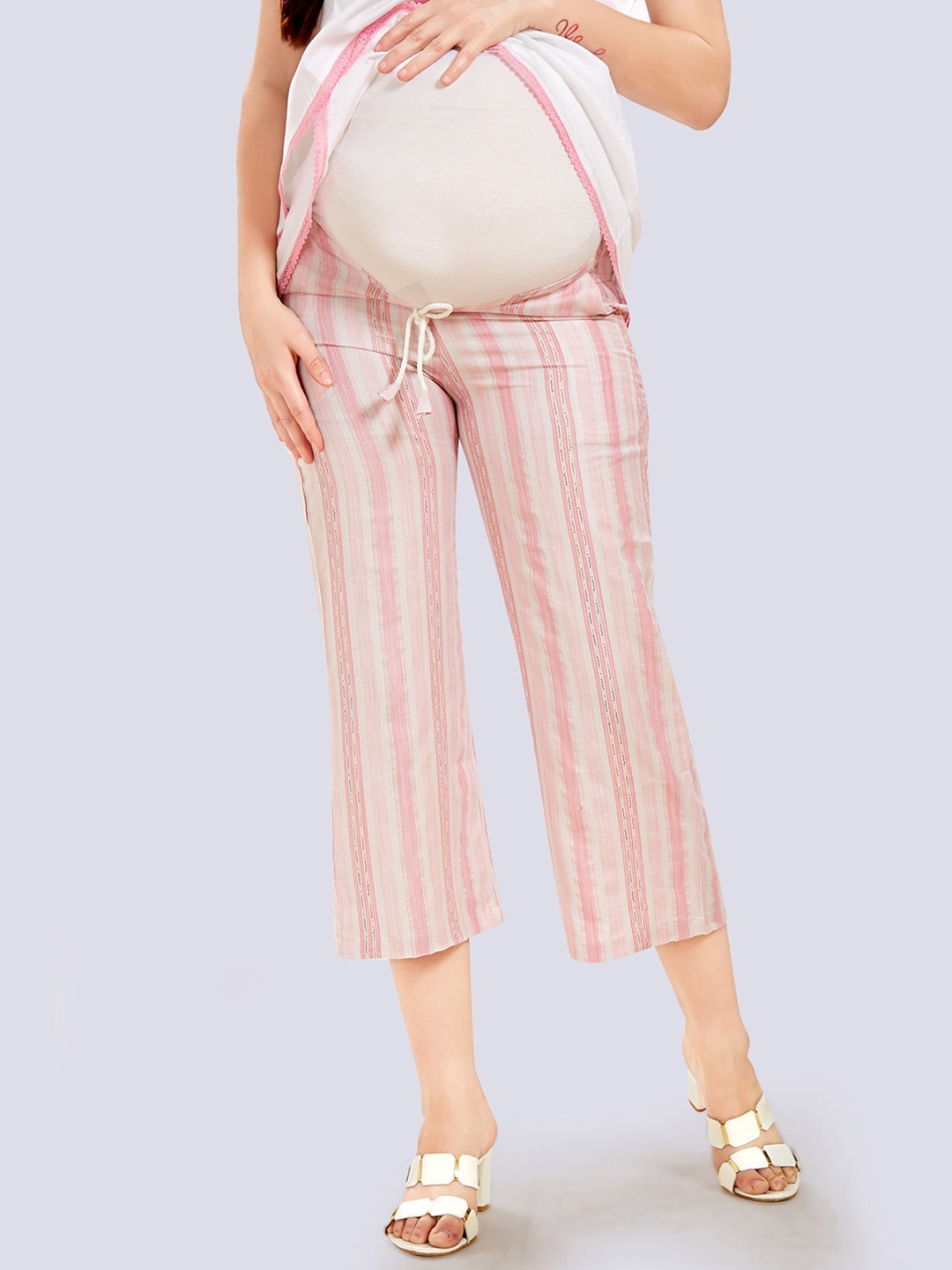 

Mom For Sure by Ketki Dalal Women Pink Striped Relaxed Straight Fit High-Rise Easy Wash Maternity Culottes Trousers