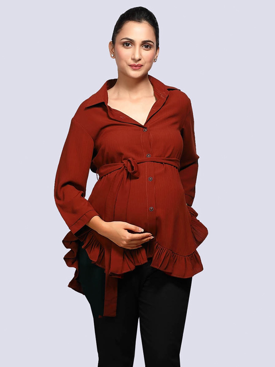 

Mom For Sure by Ketki Dalal Women Maroon Solid Relaxed Maternity Shirt