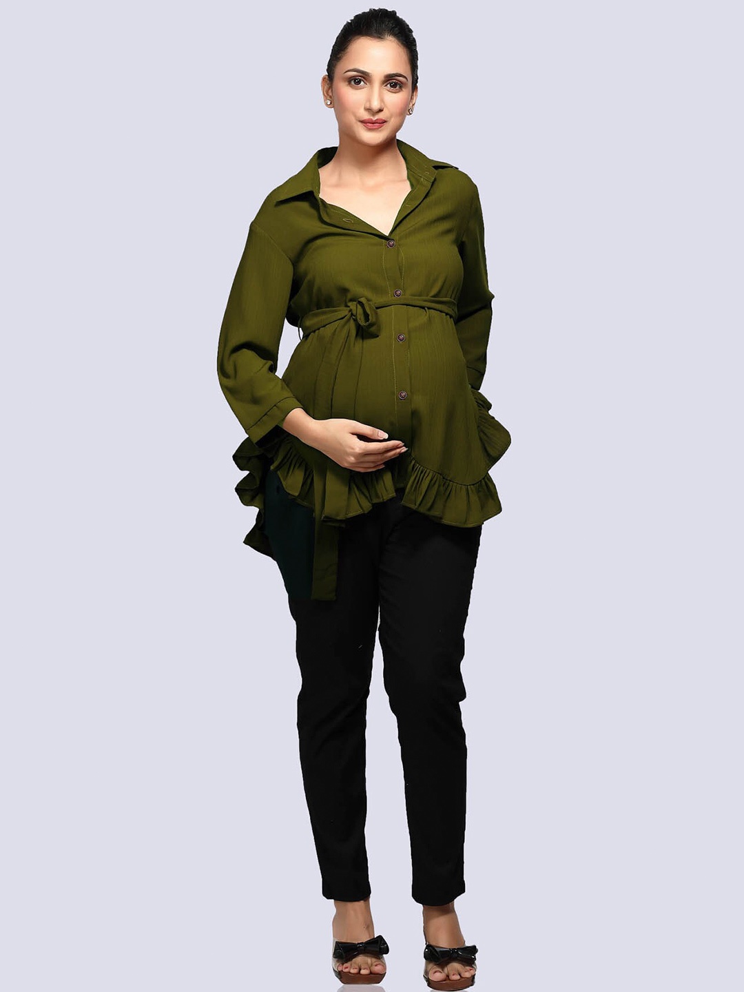 

Mom For Sure by Ketki Dalal Women Green Relaxed Striped Maternity Shirt