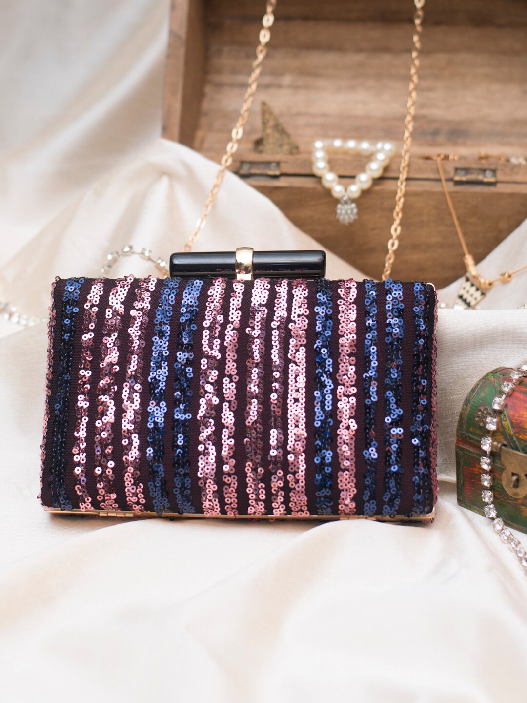 

ARTKLIM Pink & Blue Sequins Embellished Box Clutch