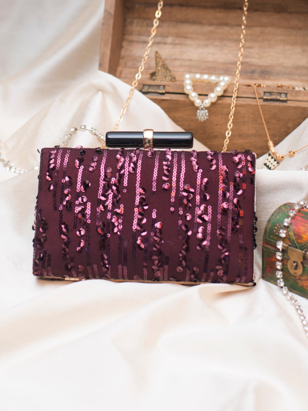 

ARTKLIM Maroon Embroidered Embellished Box Clutch