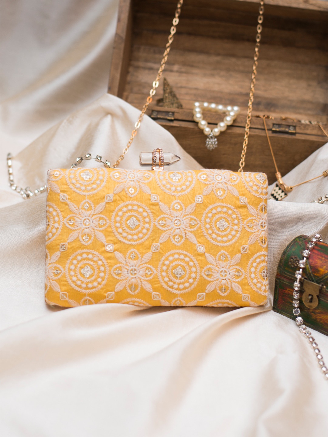 

ARTKLIM Yellow & White Embroidered Box Clutch