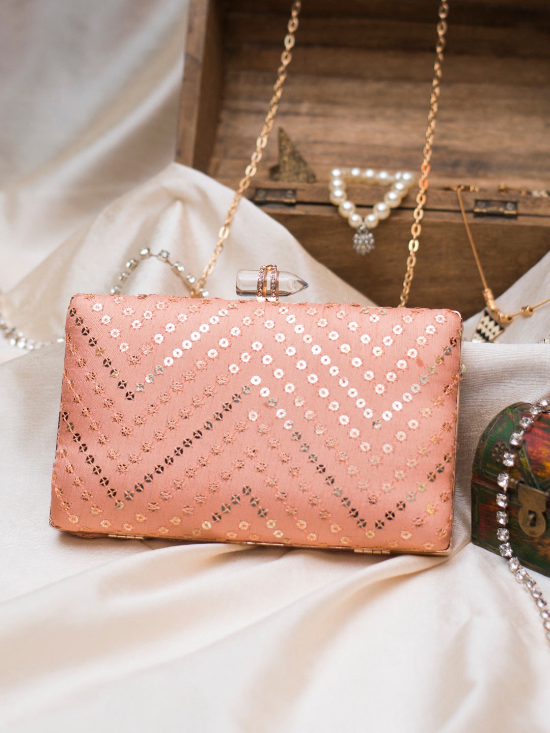 

ARTKLIM Peach-Coloured & Silver-Toned Embroidered Embellished Box Clutch