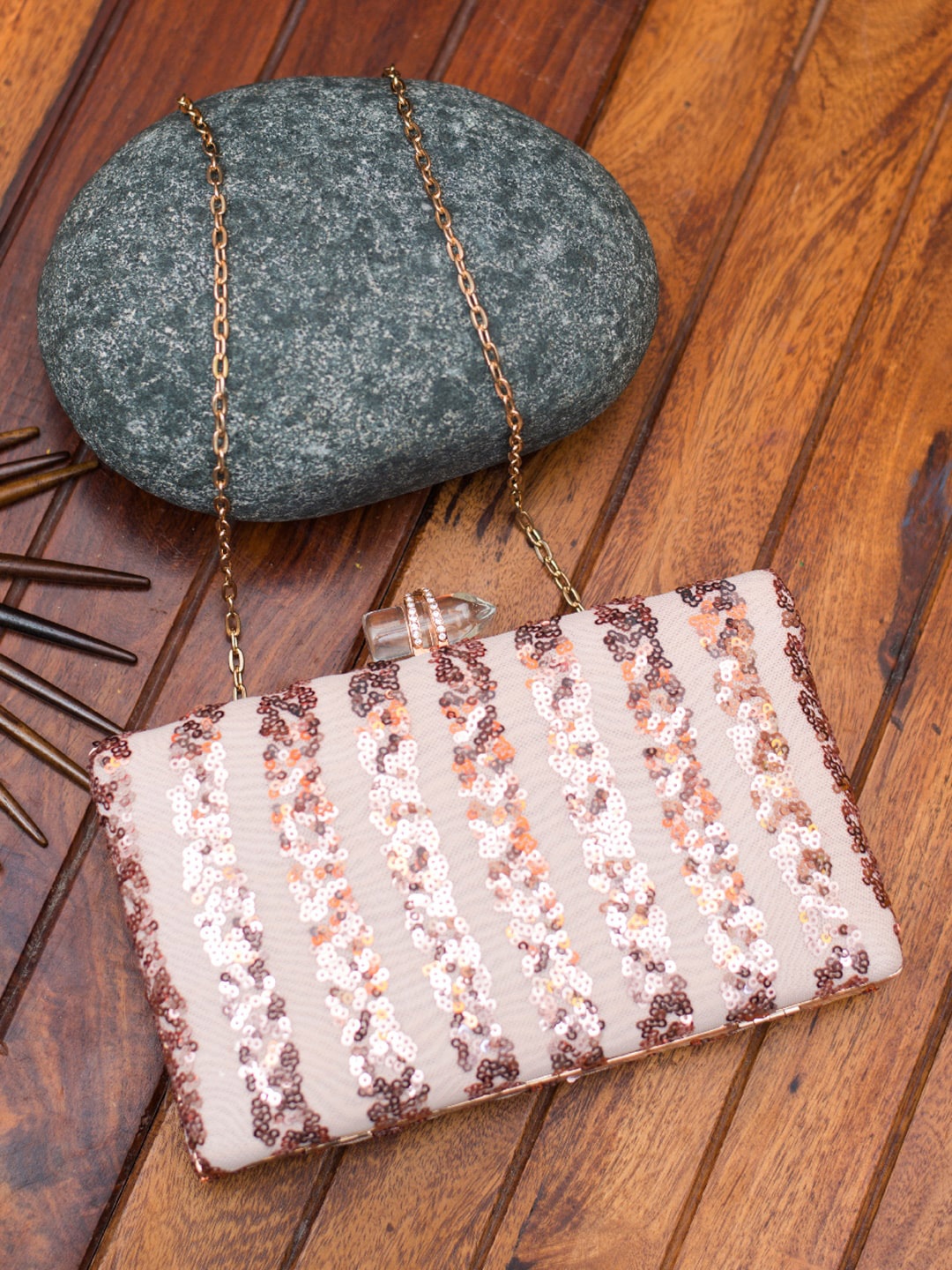 

ARTKLIM Peach-Coloured & Rose Gold Embroidered Box Clutch