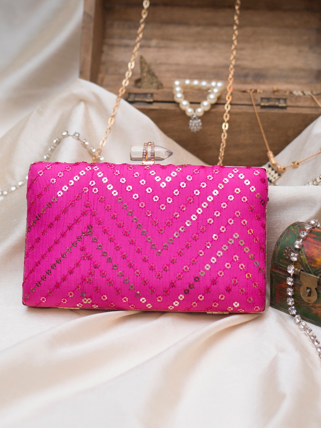 

ARTKLIM Pink Embroidered Embellished Box Clutch