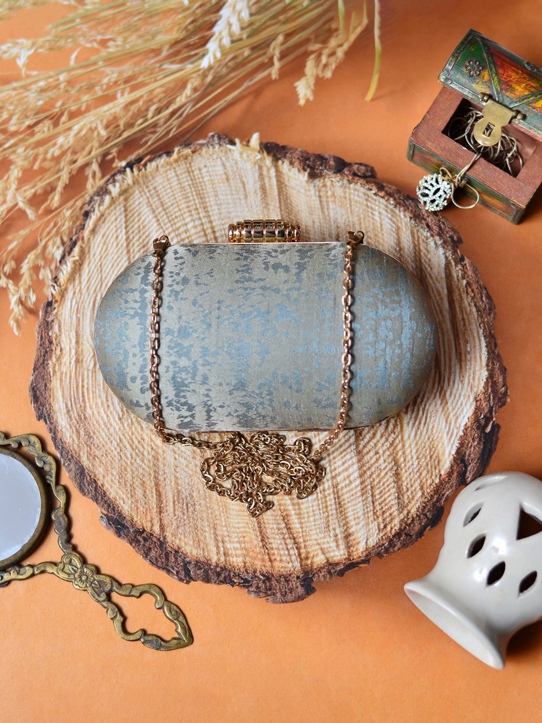 

ARTKLIM Grey Embroidered Box Clutch