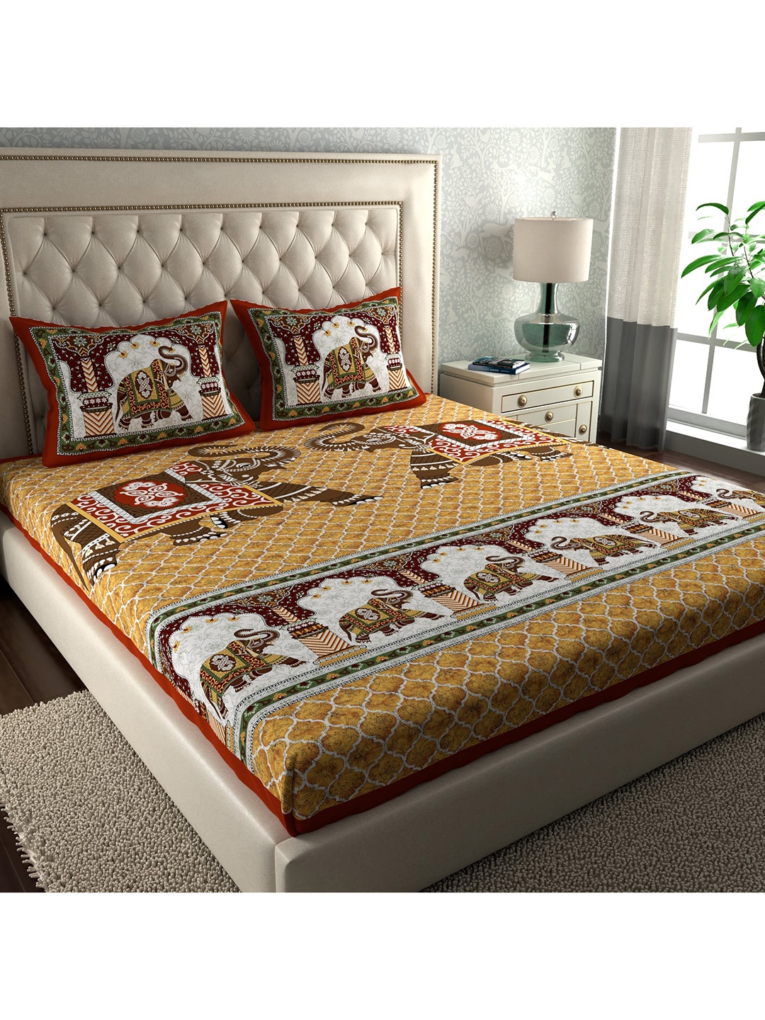 

LA VERNE Yellow & White Ethnic Motifs Cotton 104 TC Queen Bedsheet with 2 Pillow Covers