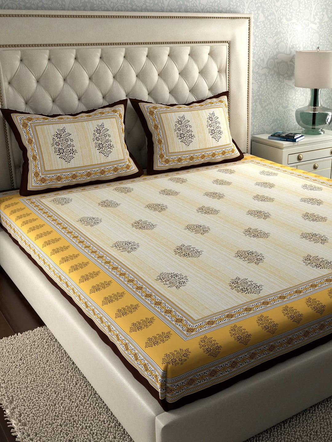 

LA VERNE Beige & Black Jaipuri Print 104 TC Cotton Queen Bedsheet with 2 Pillow Covers