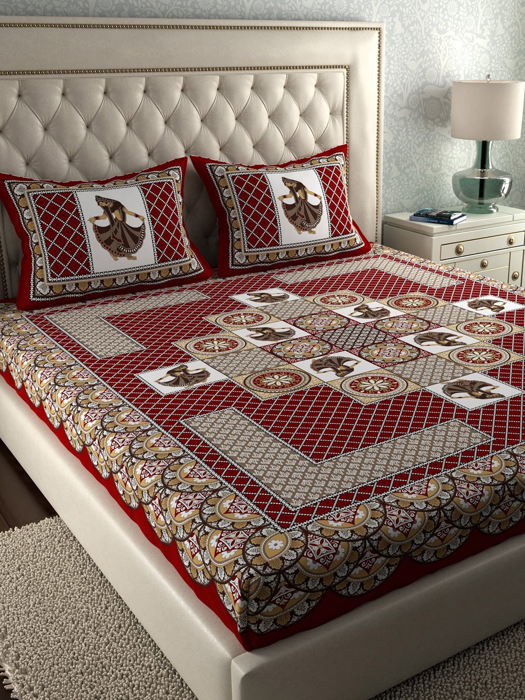 

LA VERNE Jaipuri Print 104 TC Cotton 1 Double Queen Bedsheet With 2 Pillow Covers, Multi