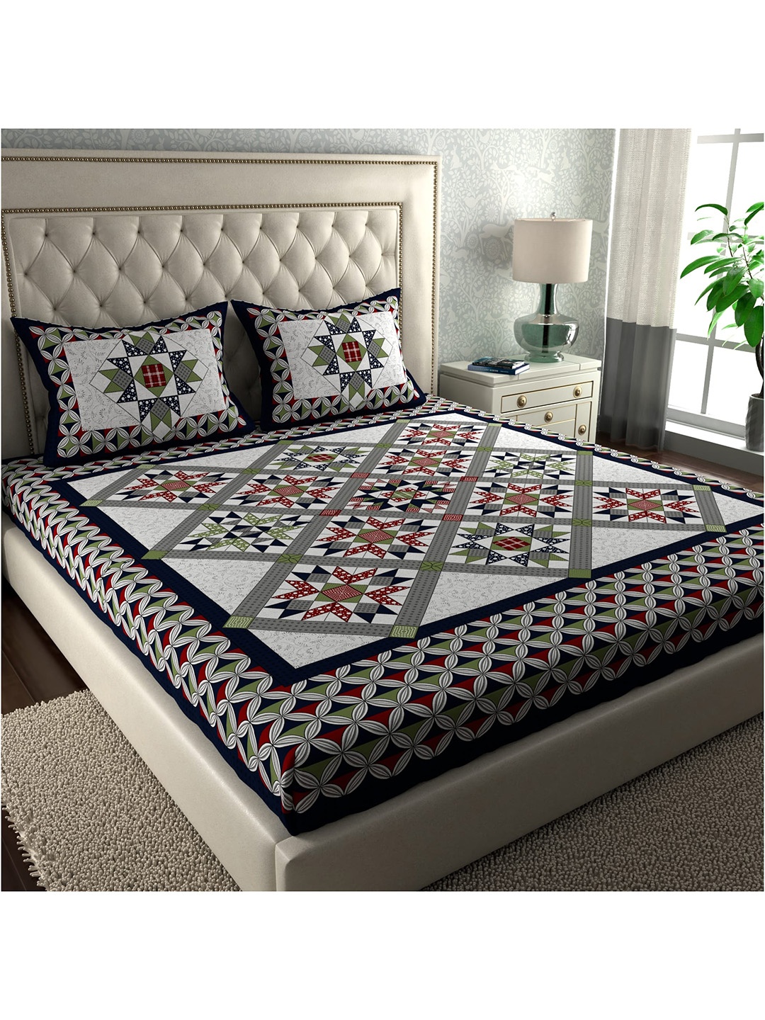

LA VERNE Multicolored Geometric Printed 104 TC Queen Bedsheet with 2 Pillow Covers, Multi