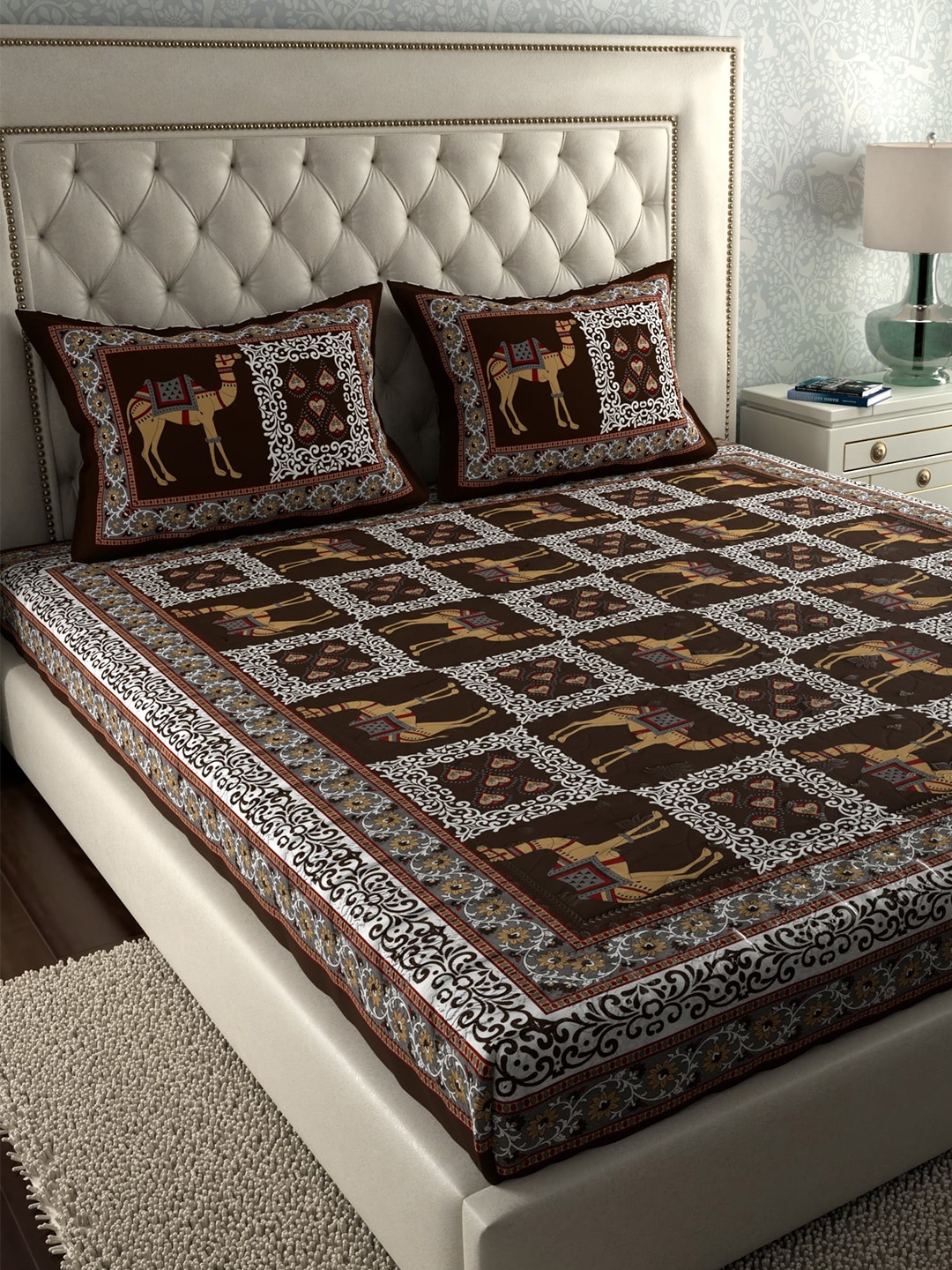 

LA VERNE Brown & Maroon Ethnic Motifs 104 TC Queen Bedsheet with 2 Pillow Covers