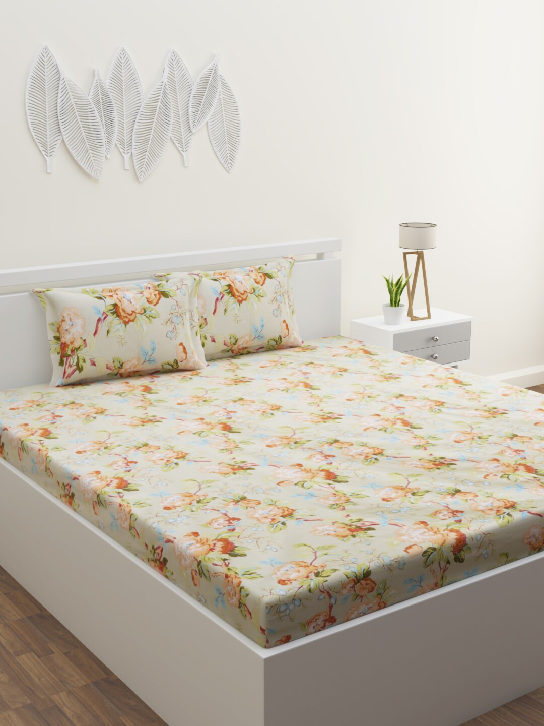 

HOME AFFAIRS Olive Green & Orange Floral 250 TC Cotton King Bedsheet with 2 Pillow Covers