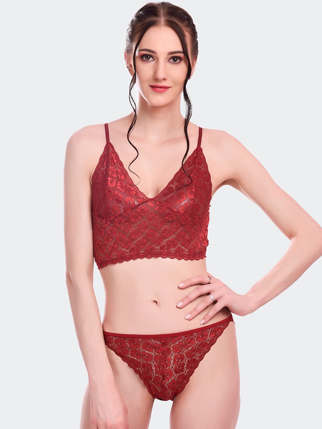 

Fleurt Women Maroon Self-Designed Lace Lingerie Set Fleurt-L.Set-170-NEW-MR-S
