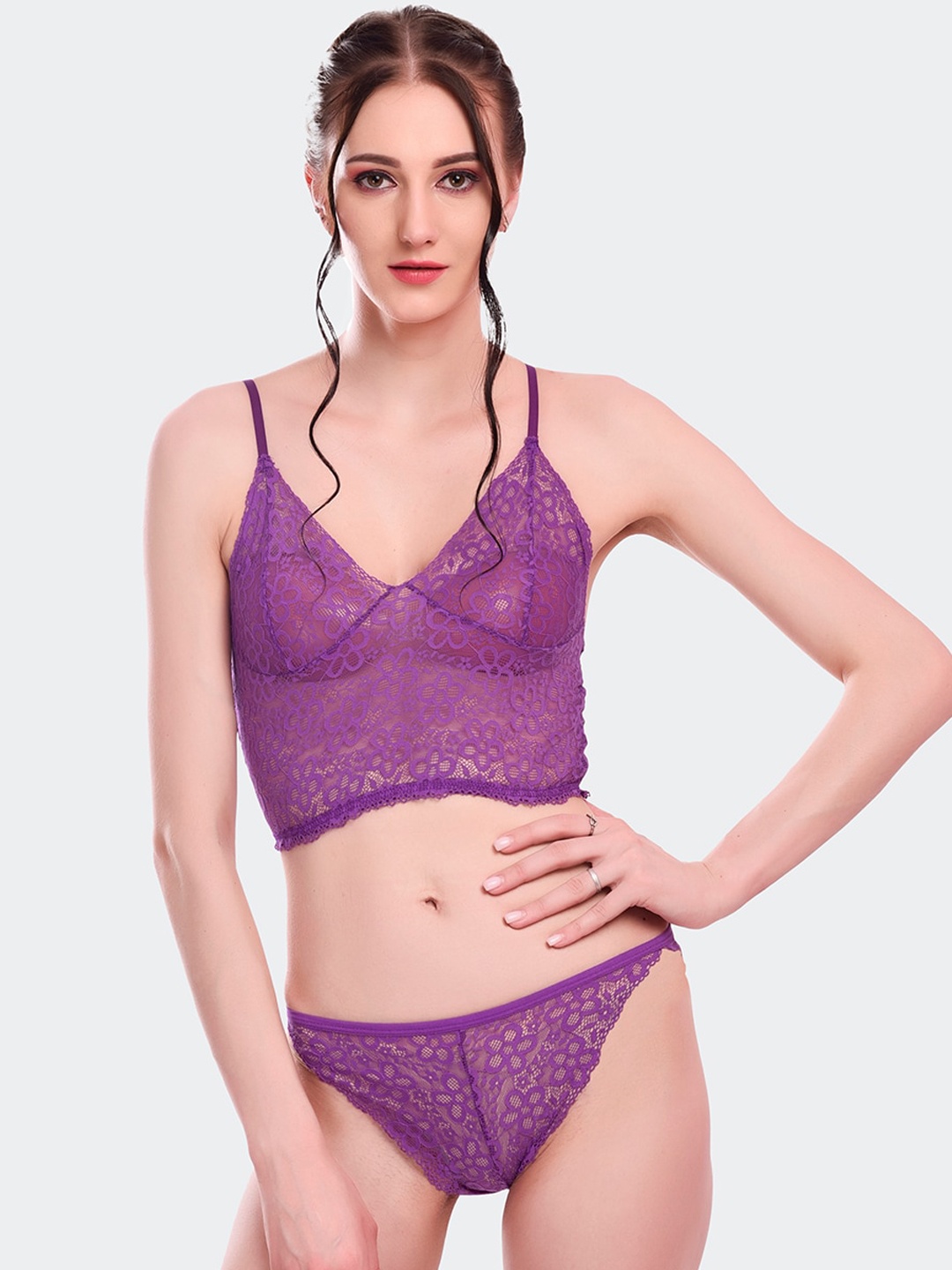 

Fleurt Women Purple Self-Design Lace Lingerie Set Fleurt-L.Set-170-NEW-PR-S