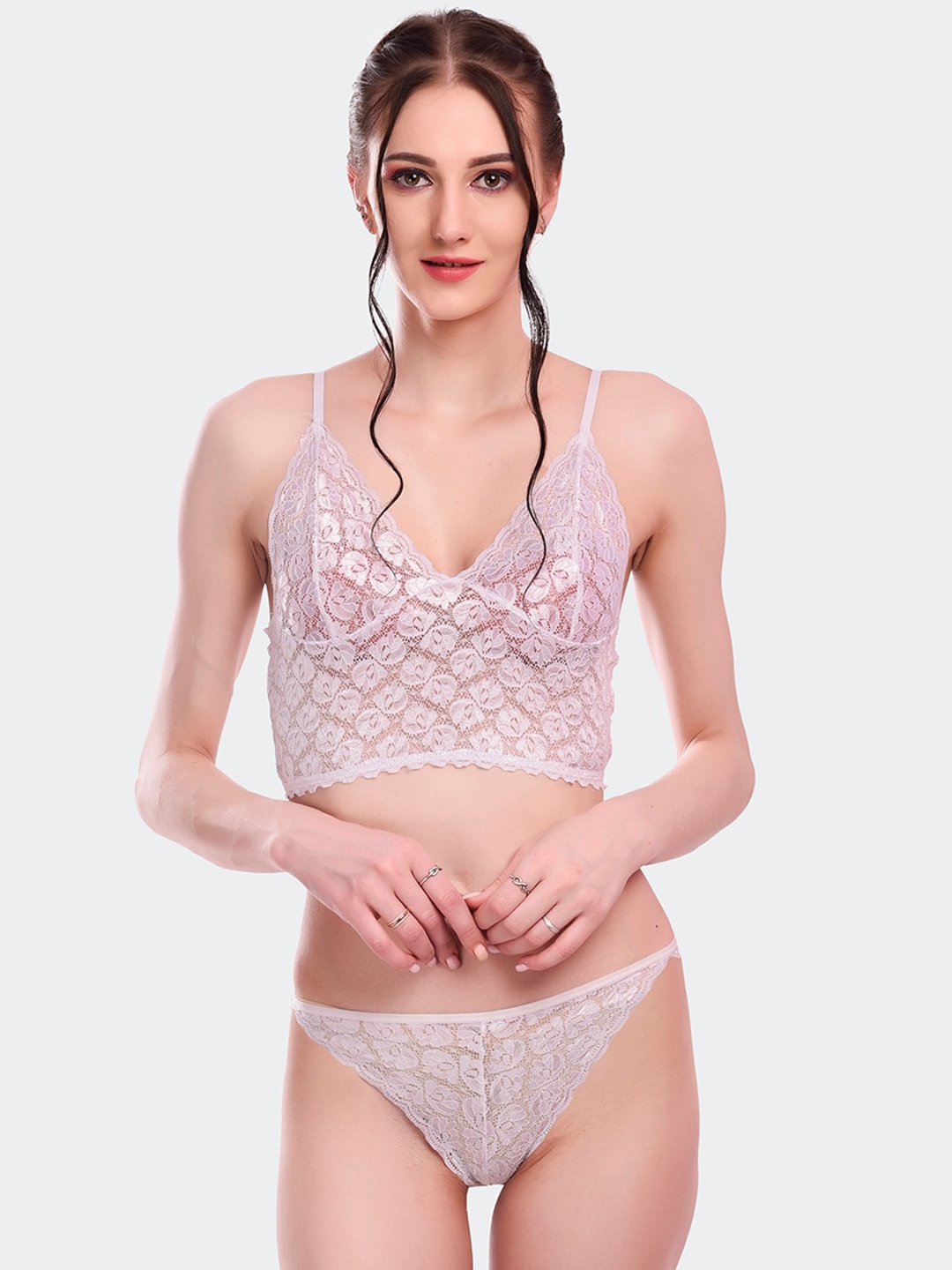 

Fleurt Women Grey Self Design Lingerie Set