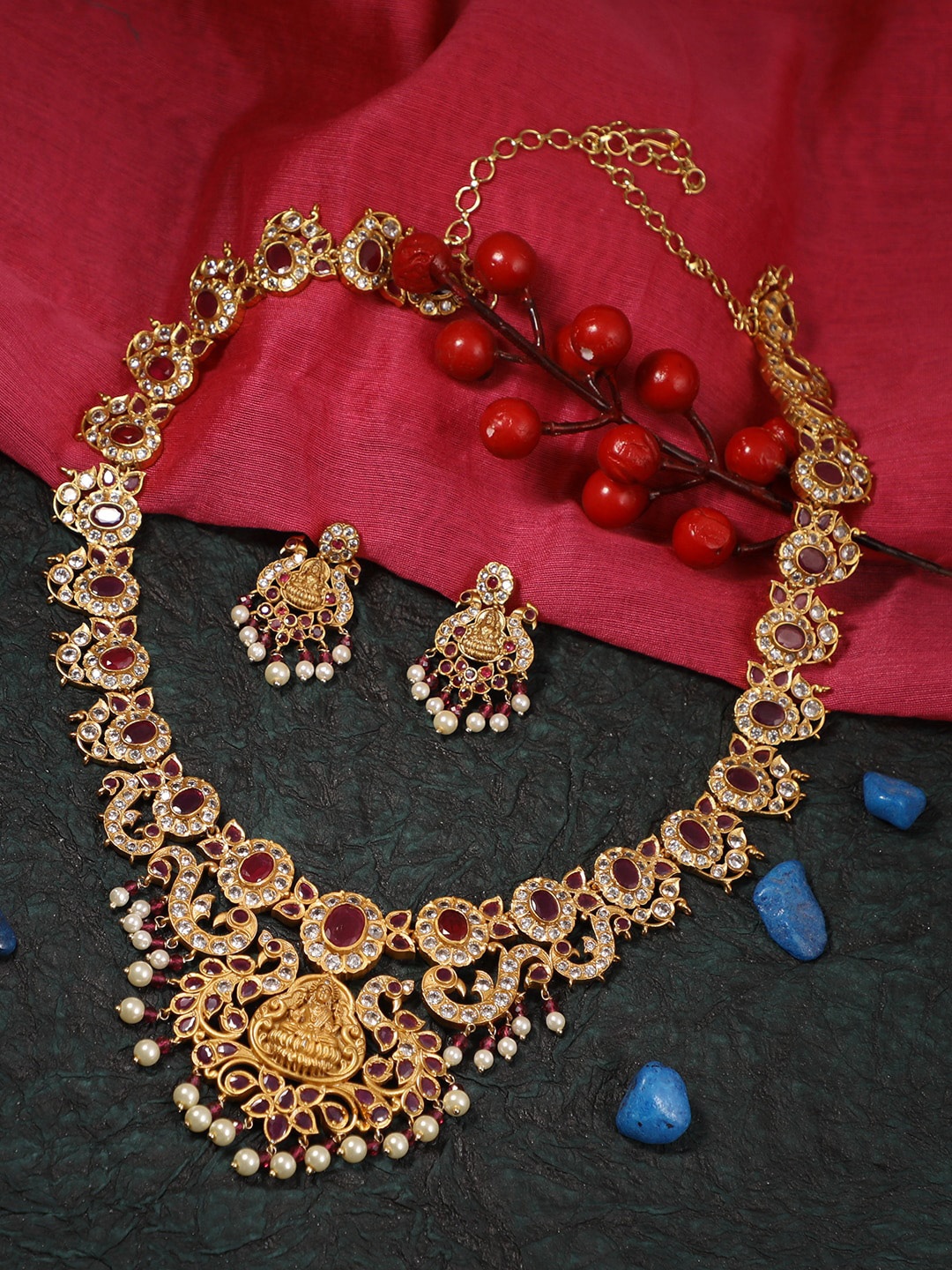 

Adwitiya Collection 24CT Gold-Plated White & Red Pearl Beaded Temple Jewellery Set