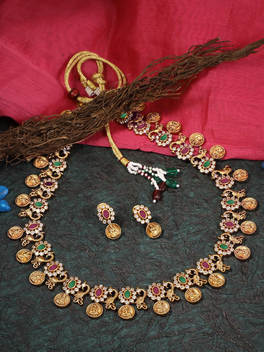 

Adwitiya Collection 24CT Gold-Plated White & Green Stone-Studded Pearl Beaded Temple Jewellery Set