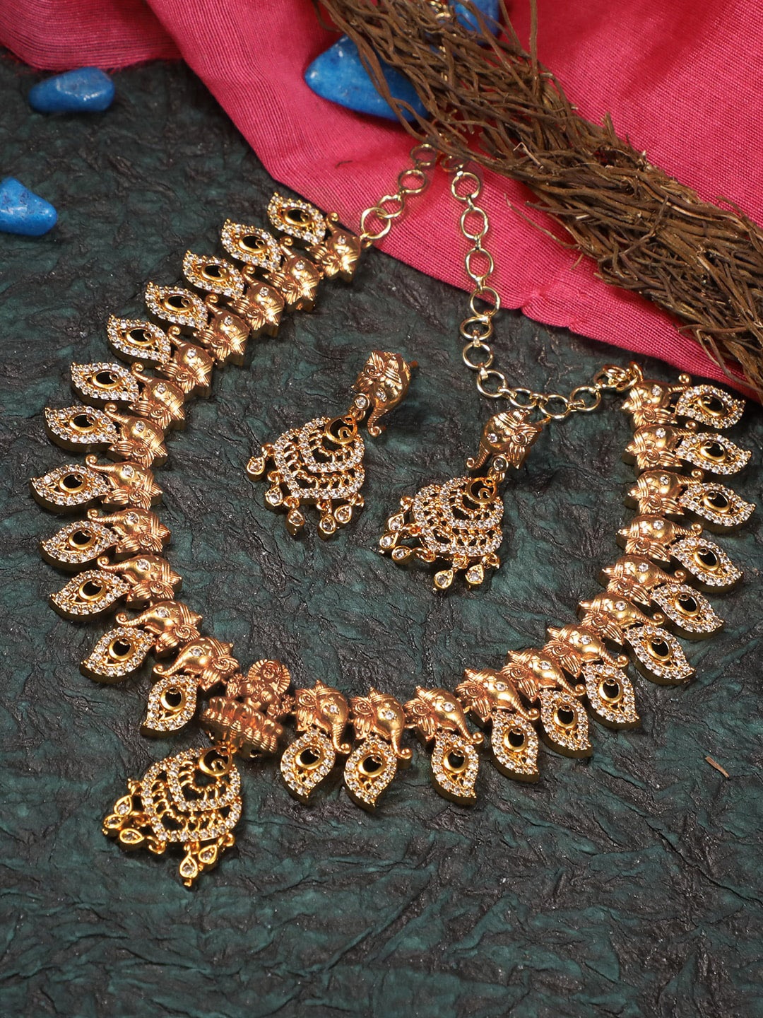 

Adwitiya Collection Gold-Plated Elephant & Temple Jewellery Set