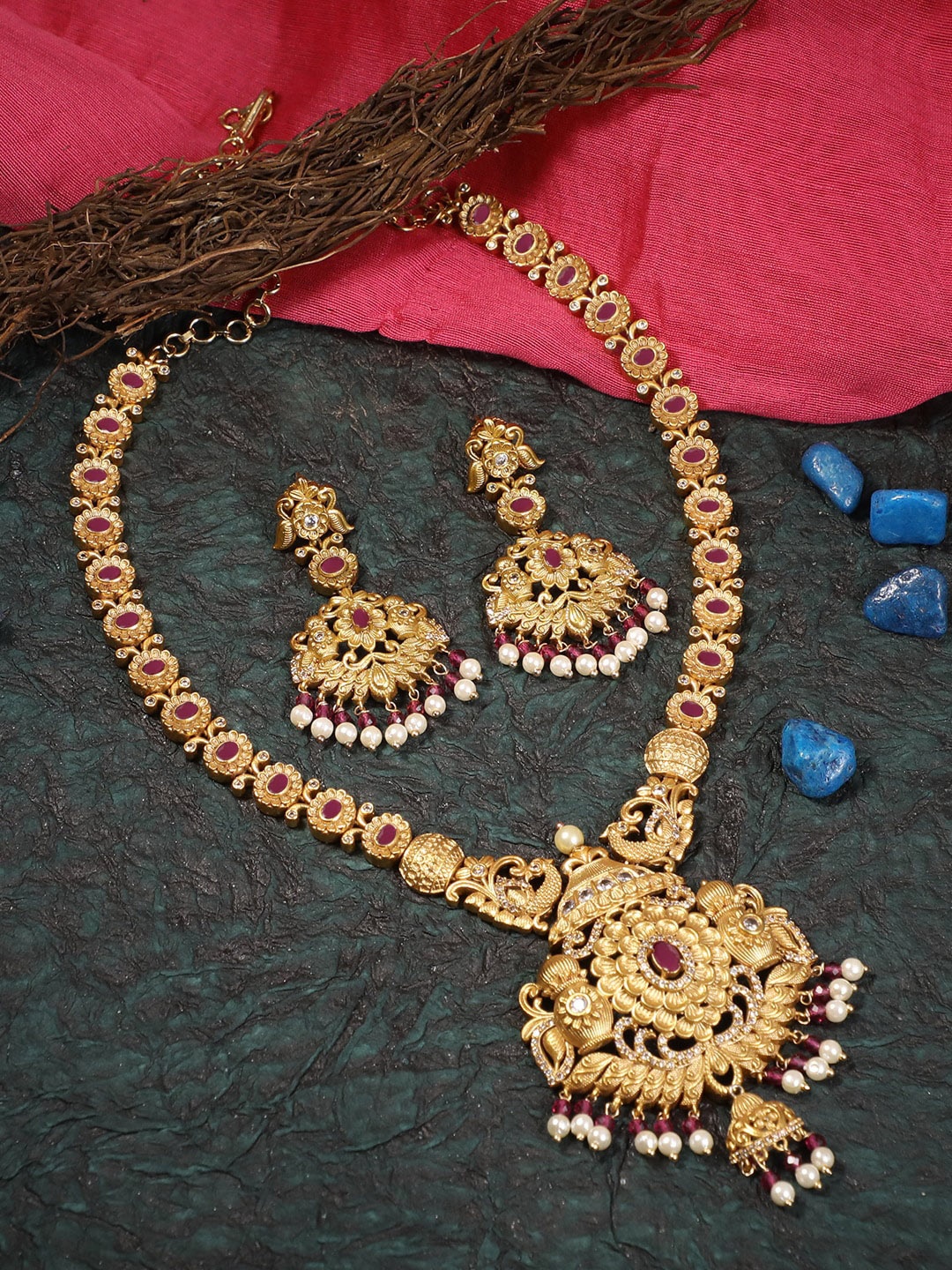 

Adwitiya Collection 24CT Gold-Plated White & Pink Stone-Studded Pearl Beaded Jewellery Set