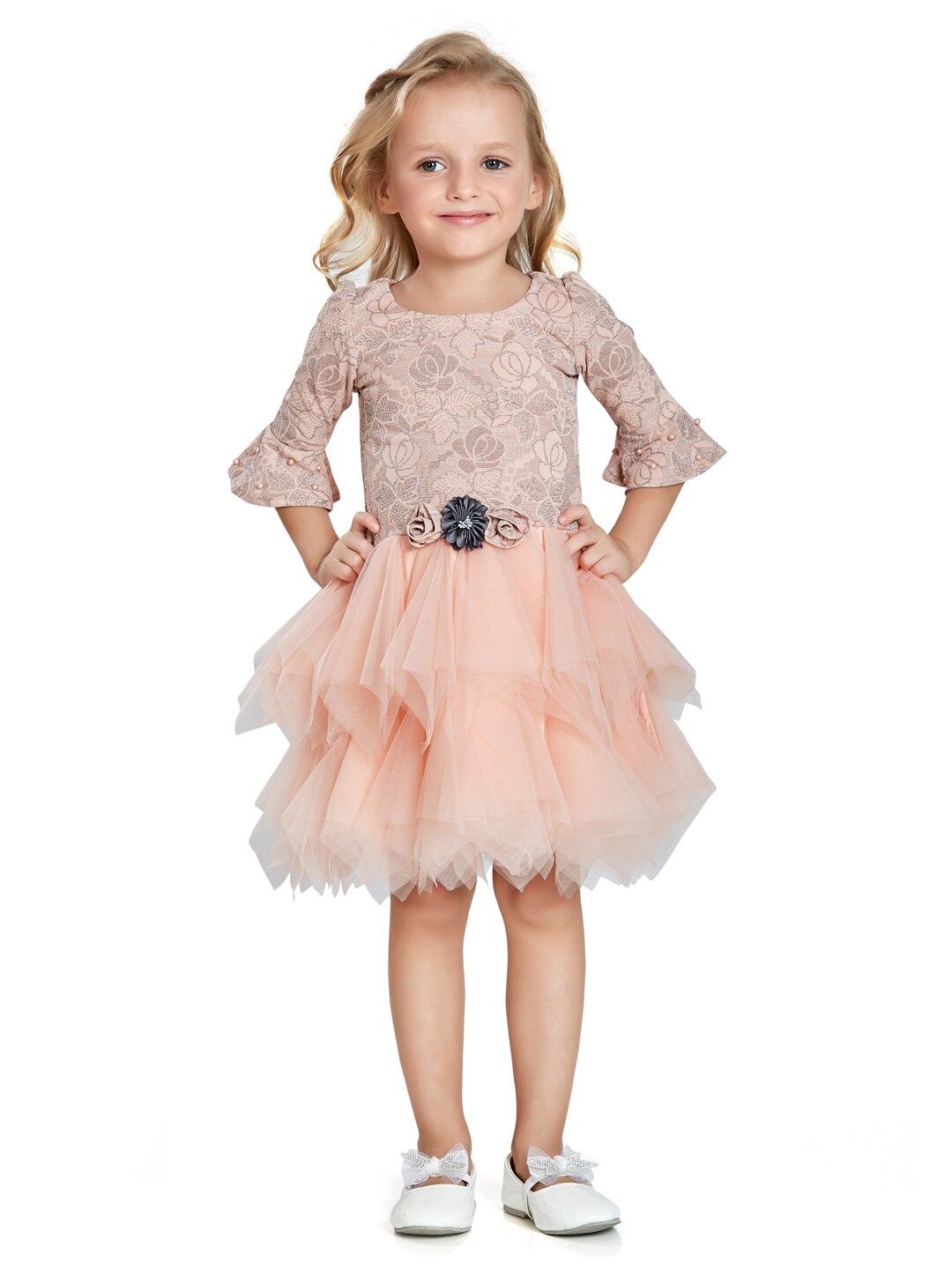 

Peppermint Peach-Coloured Floral Net Drop-Waist Dress