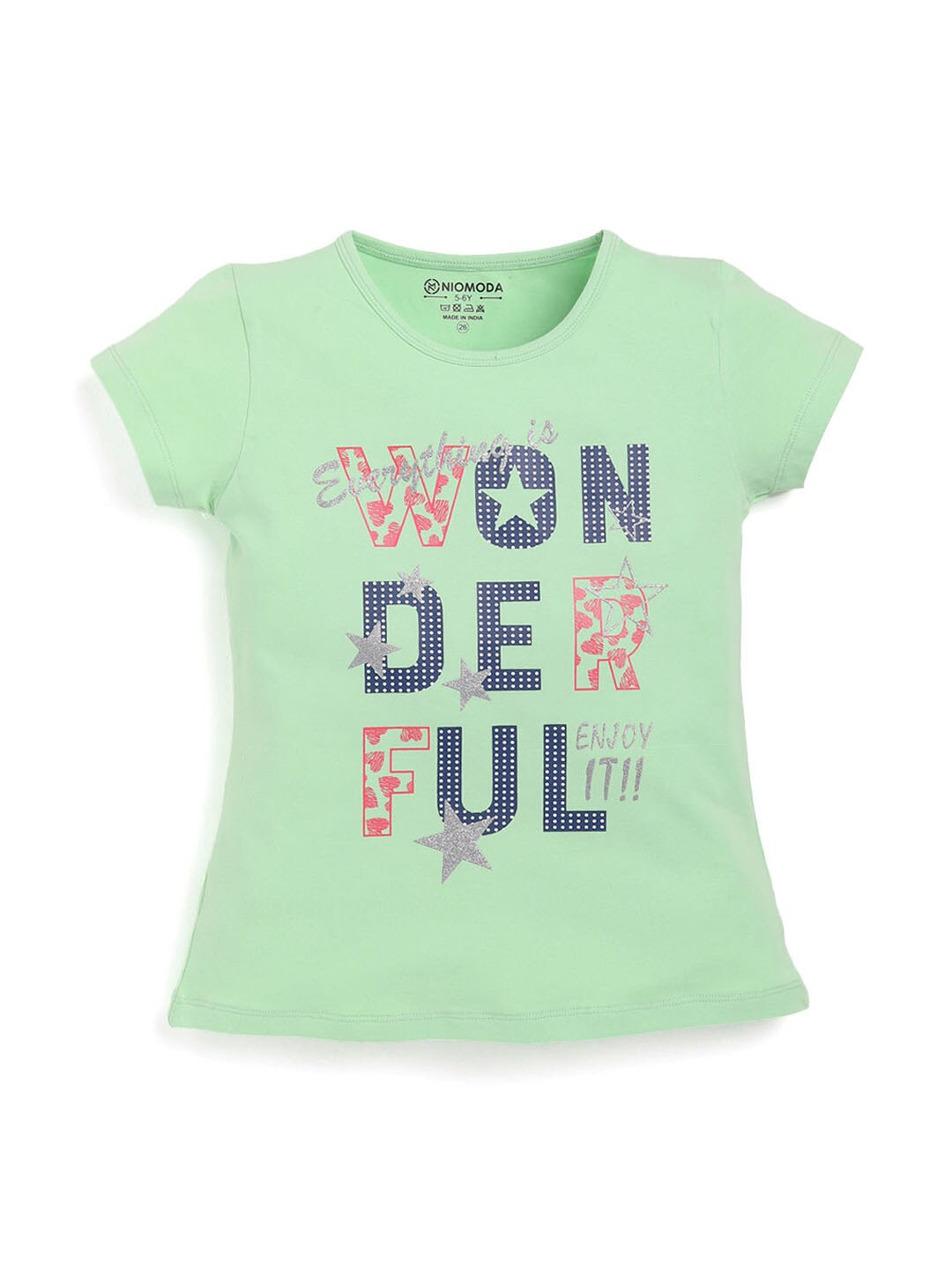 

Hopscotch Girls Green Typography Printed T-shirt
