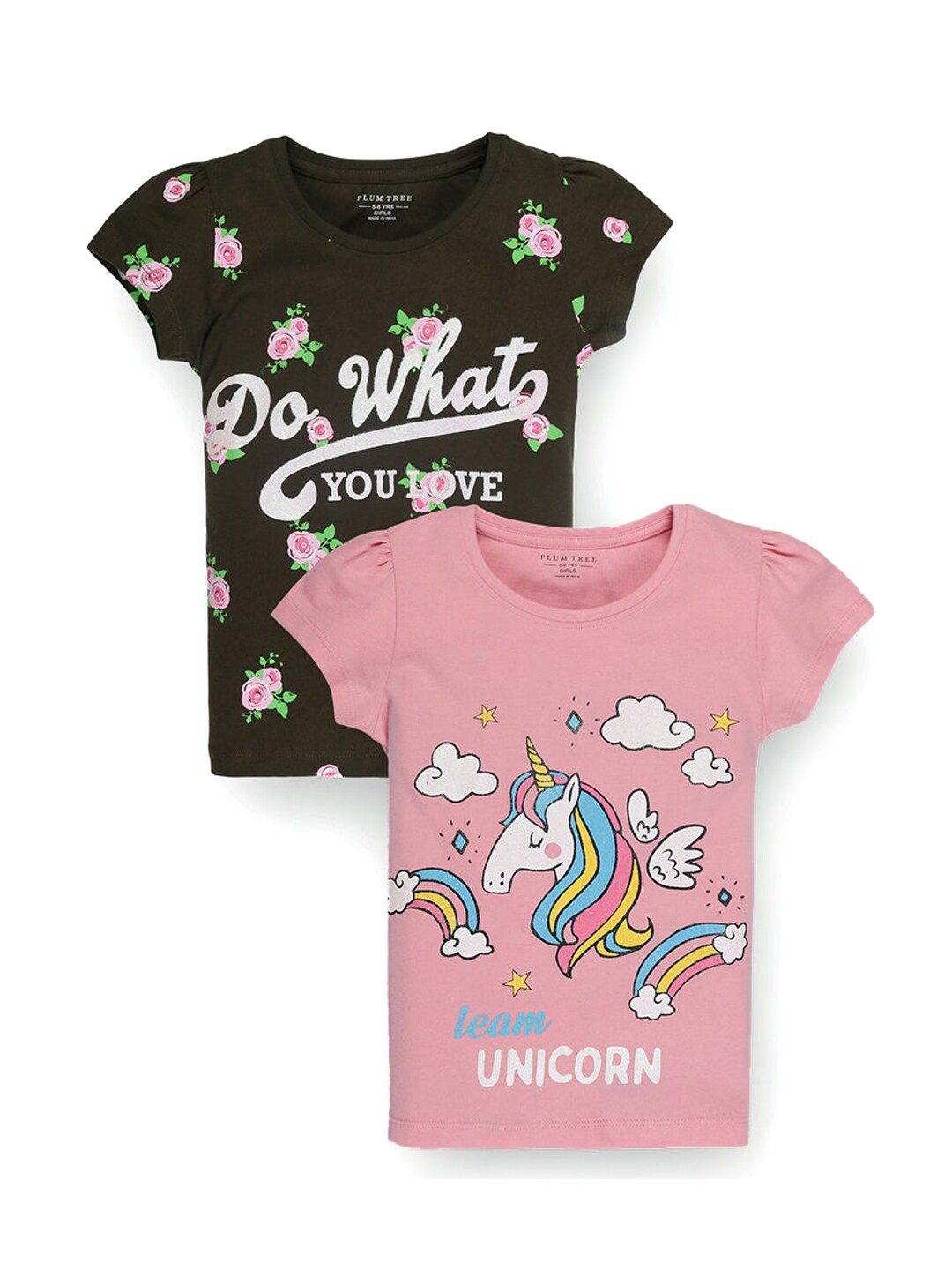 

Hopscotch Girls Pink & Olive Green Pack Of 2 Printed Puff Sleeves T-shirt