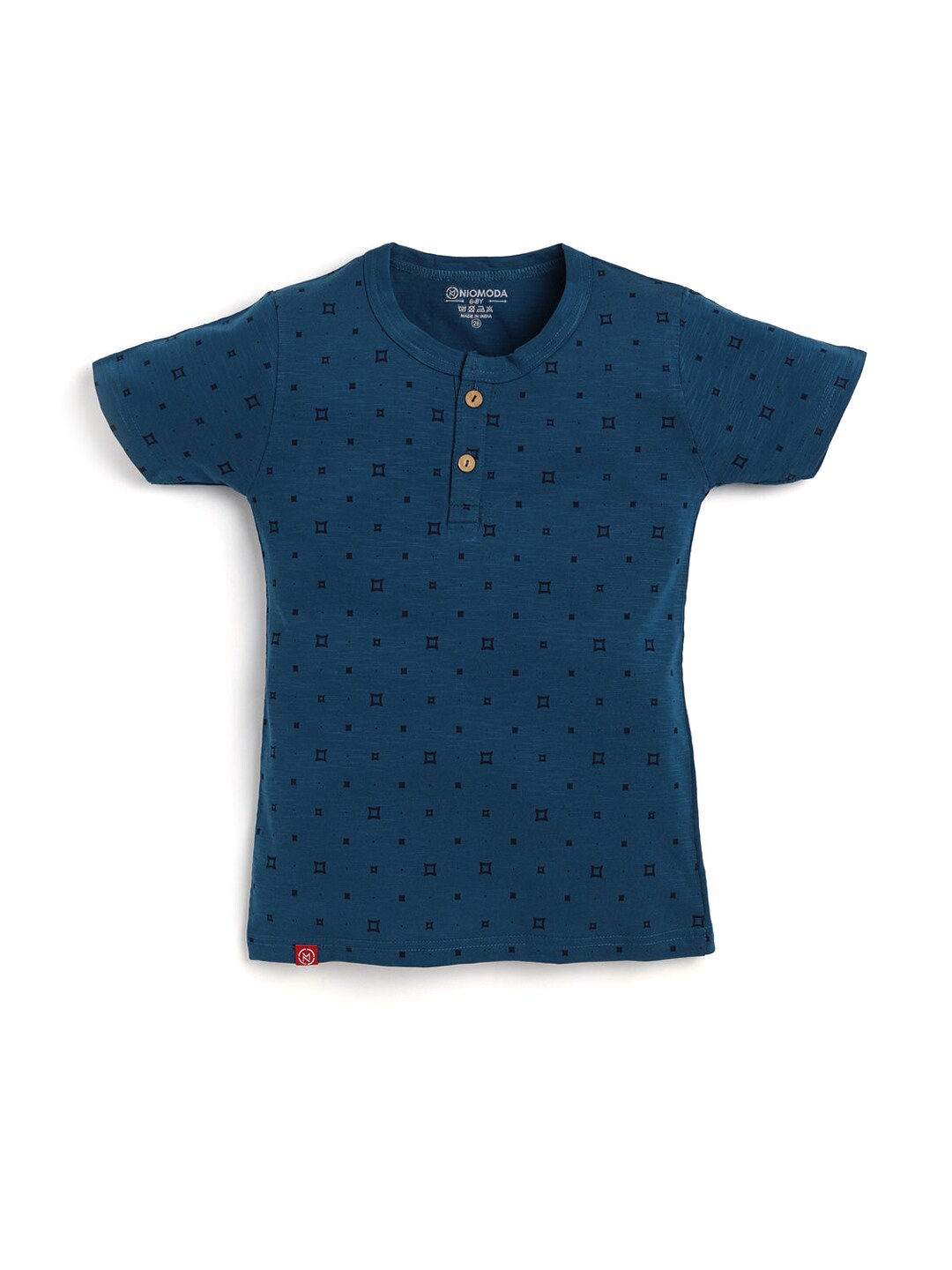 

Hopscotch Boys Navy Blue Printed Henley Neck Cotton T-shirt