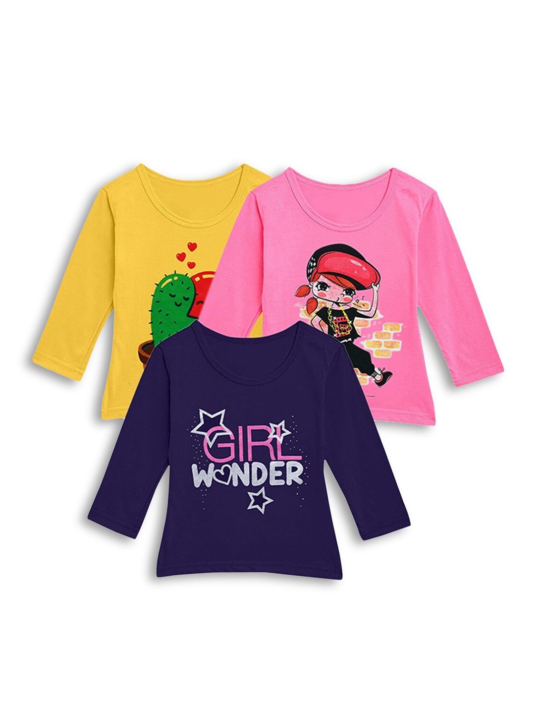 

Hopscotch Girls Yellow & Pink Typography 3 Printed T-shirt