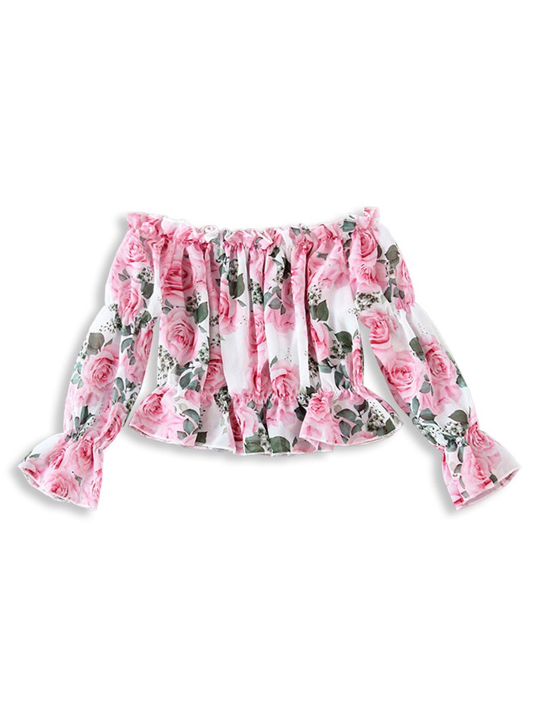 

Hopscotch Girls Pink & White Floral Print Off-Shoulder Bardot Top