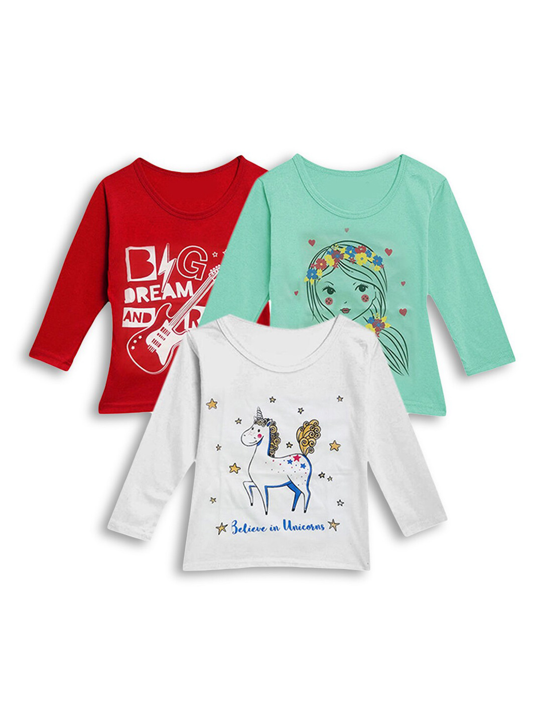 

Hopscotch Girls White & Green Set Of 3 Printed T-shirt
