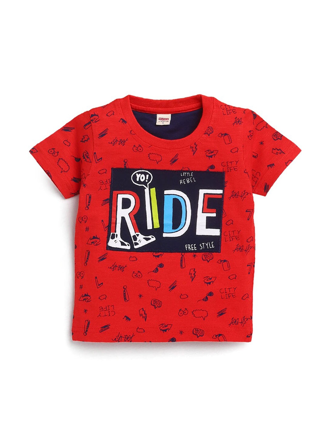 

Hopscotch Boys Red Printed Cotton T-shirt
