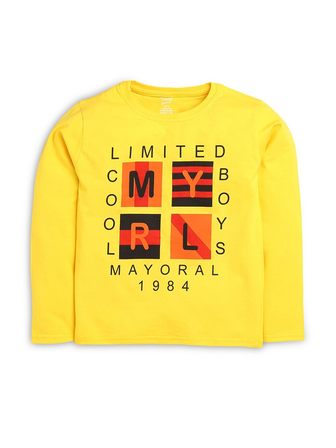 

Hopscotch Boys Yellow Typography Printed Cotton T-shirt