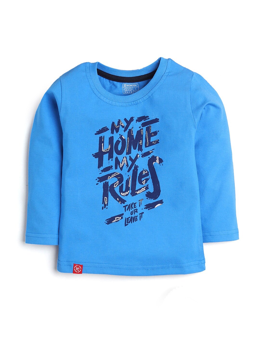 

Hopscotch Boys Blue Typography Printed Cotton T-shirt