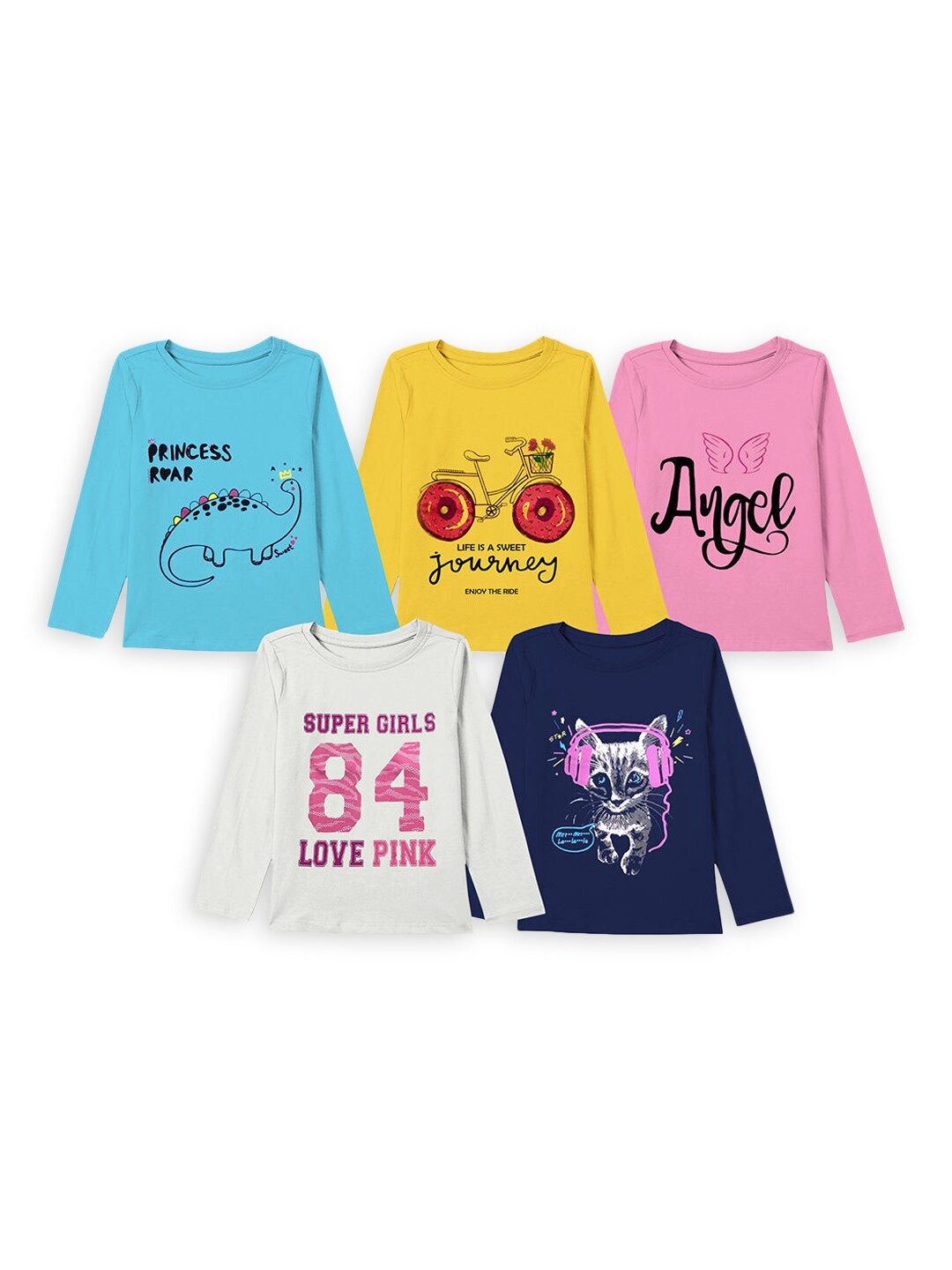 

Hopscotch Girls Multicoloured Pack Of 5 Typography Printed T-shirt, Multi