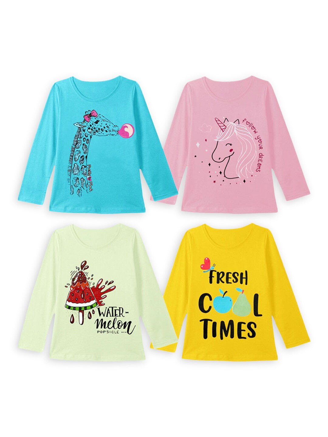

Hopscotch Girls Multicoloured Set Of 4 Printed T-shirt, Multi
