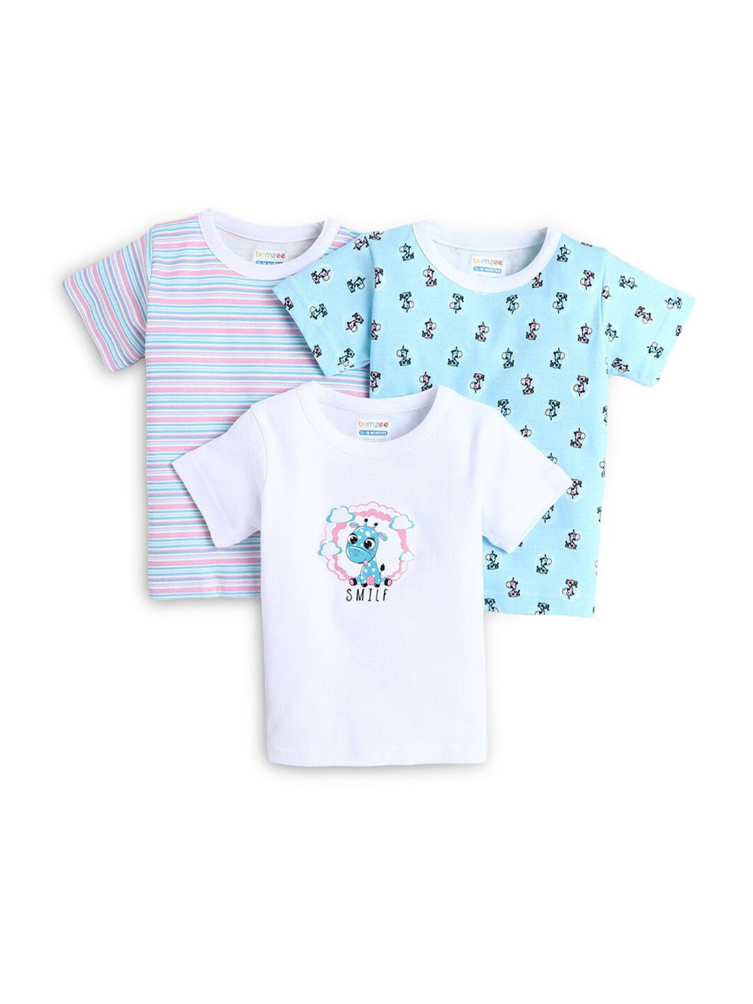 

Hopscotch Girls Set Of 3 Blue Printed Cotton T-shirt