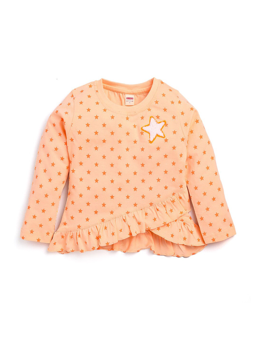 

Hopscotch Girls Peach-Coloured Printed V-Neck Applique T-shirt